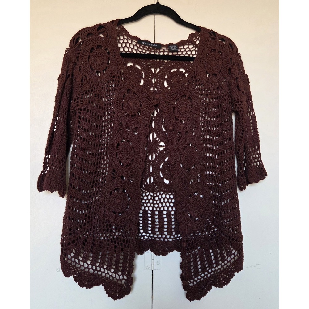 52 Weekends Crochet Sweater Sz Large Yarn covered Buttons 3/4 Sleeves ~EUC ~